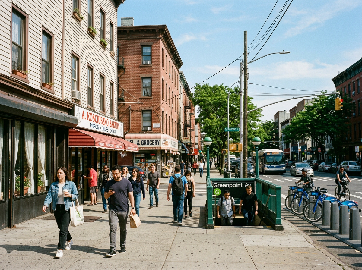 Sunny Greenpoint avenue lined with brick storefronts, a Polish bakery and a G train entrance